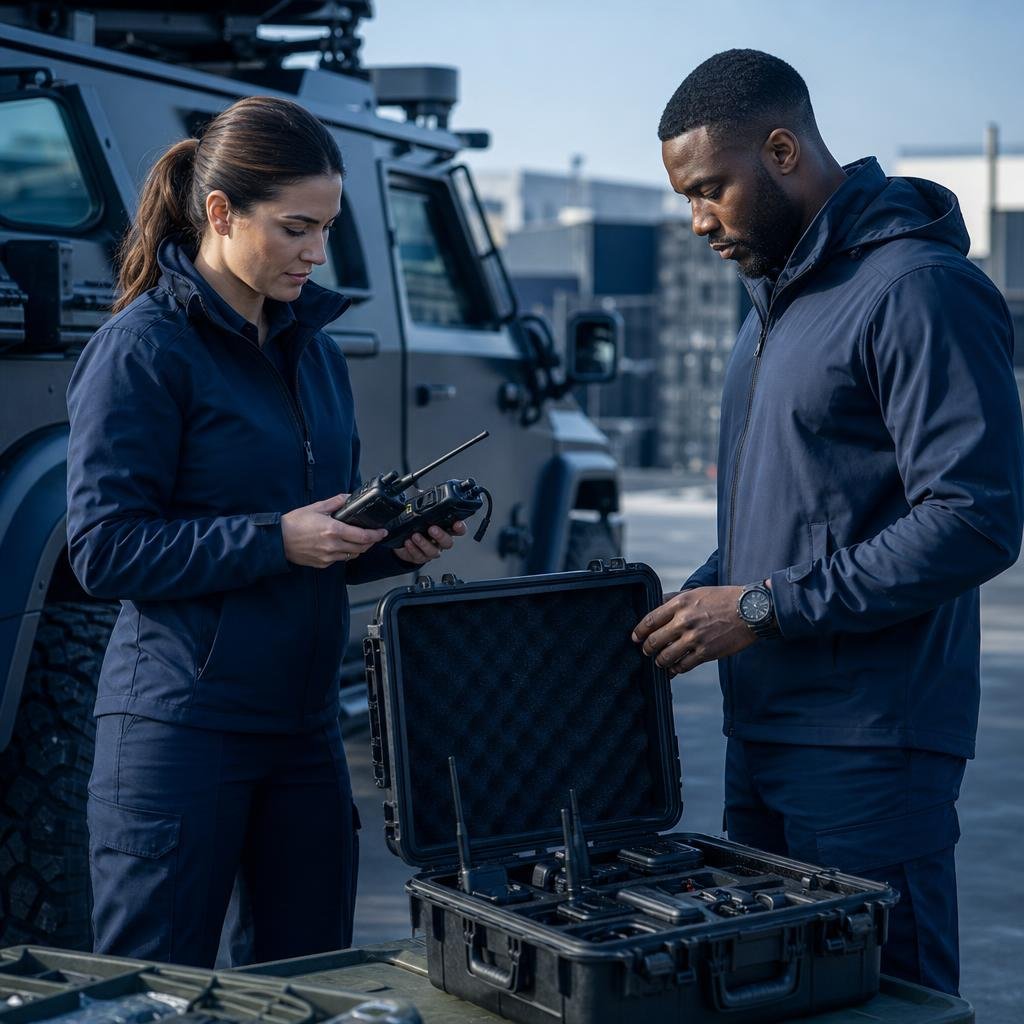 Two field specialists reviewing secure communications equipment