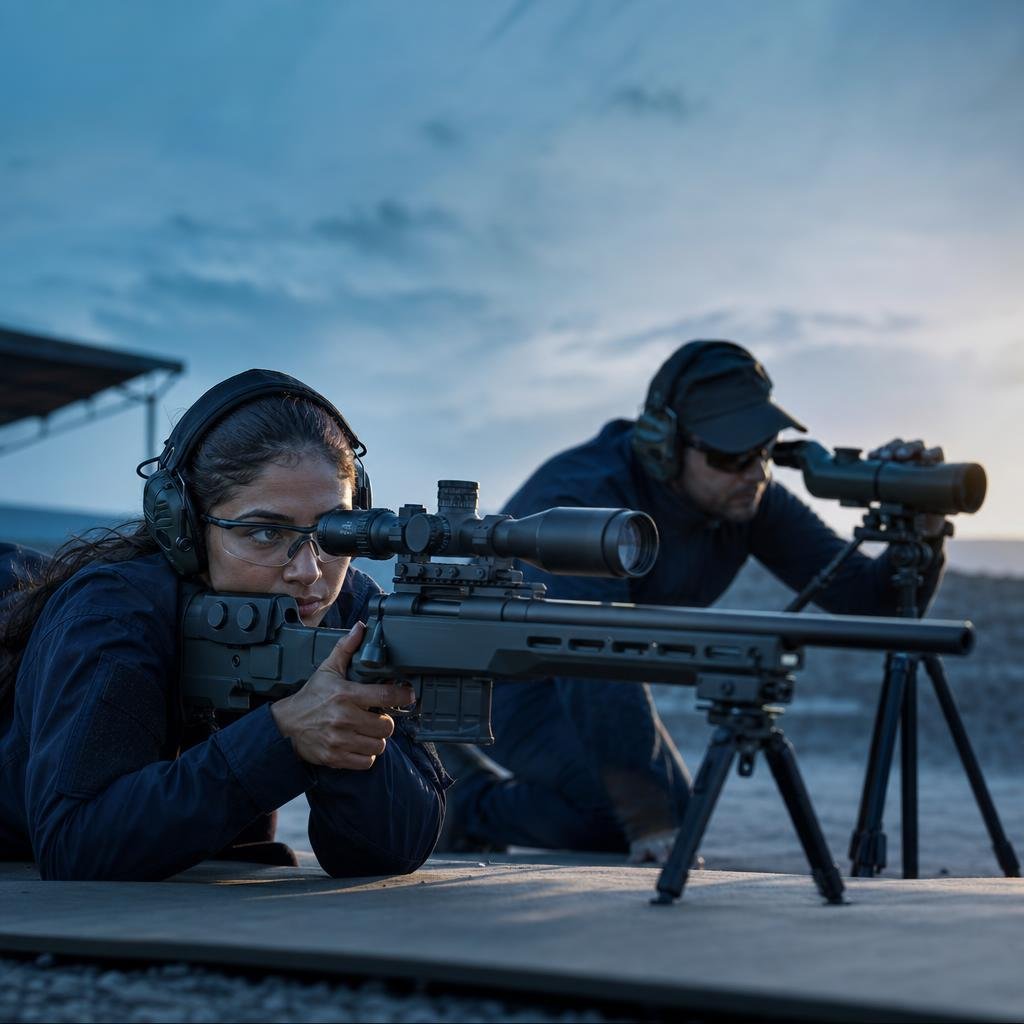 Female precision marksman training at a controlled range
