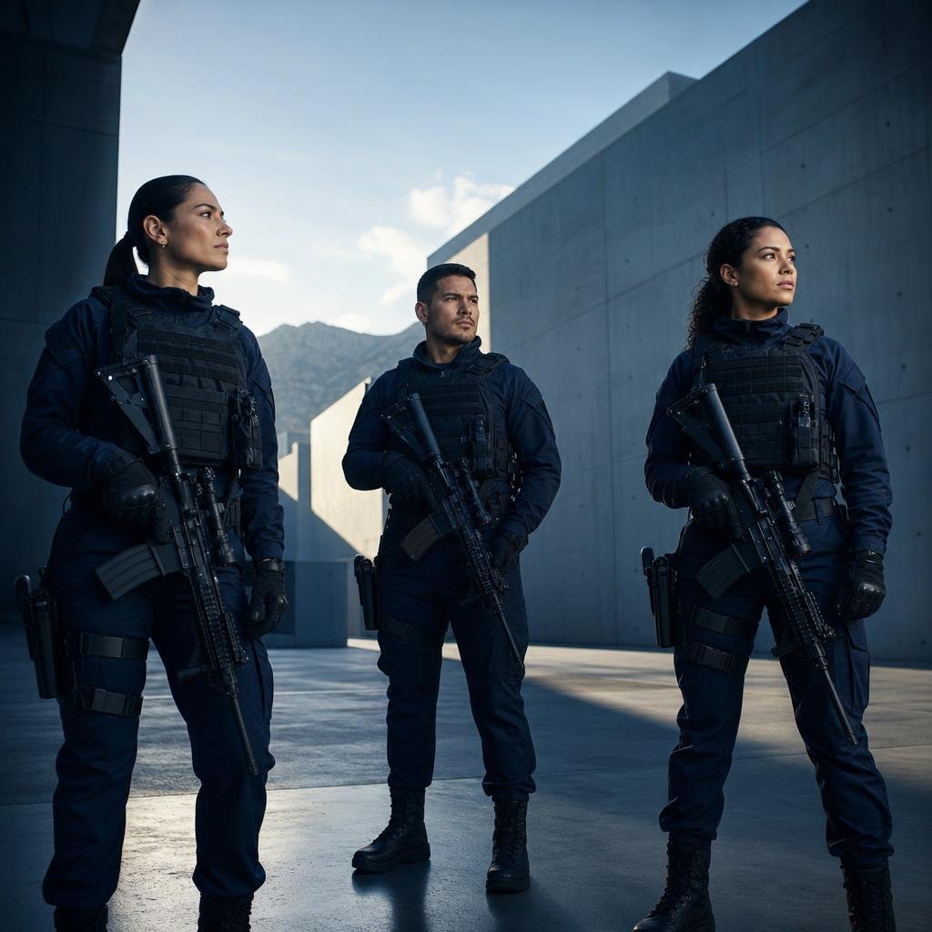 Three professional security specialists in a controlled training facility